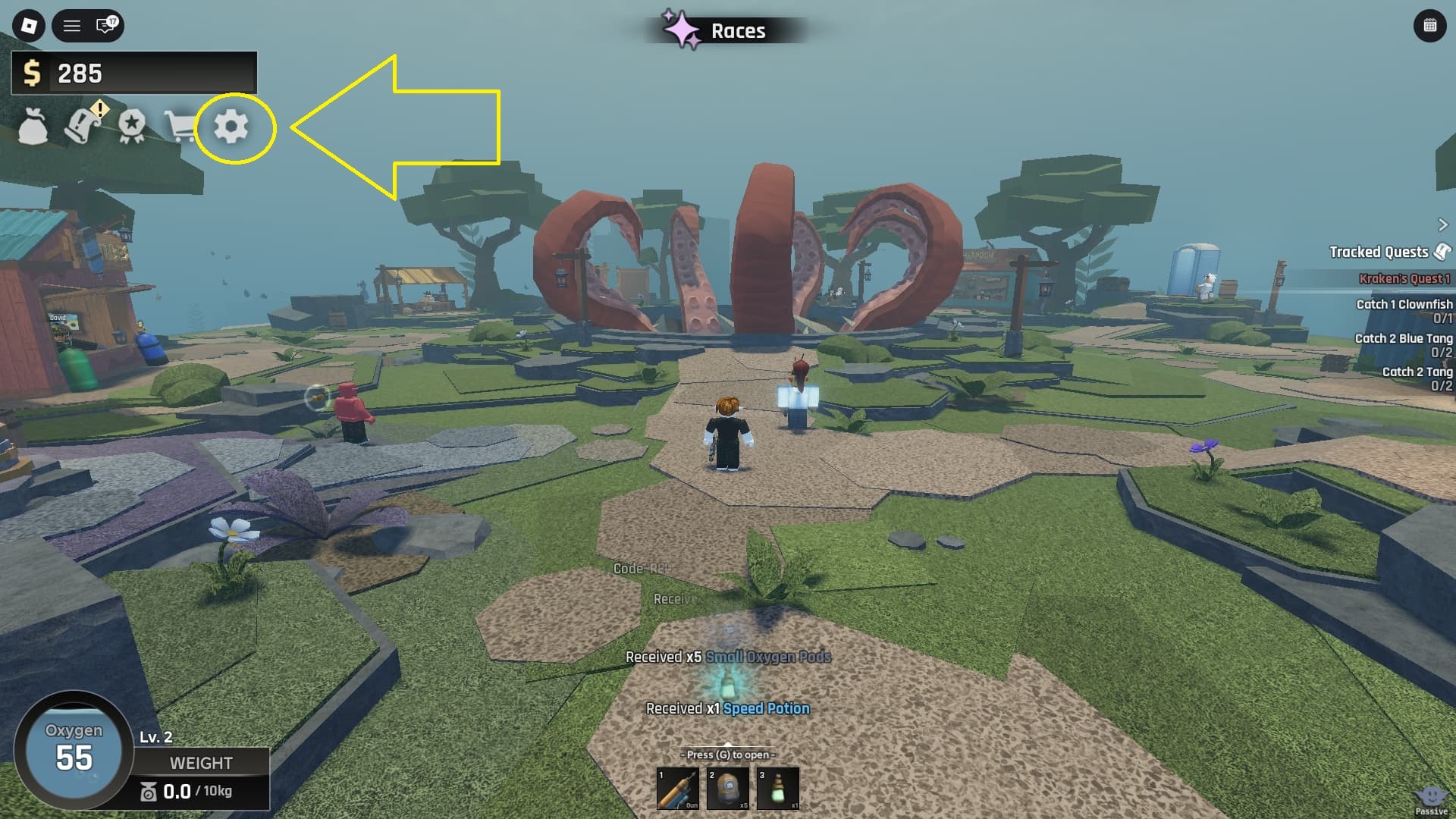Screenshot showing the Settings gear icon location on the left side of the Abyss game screen